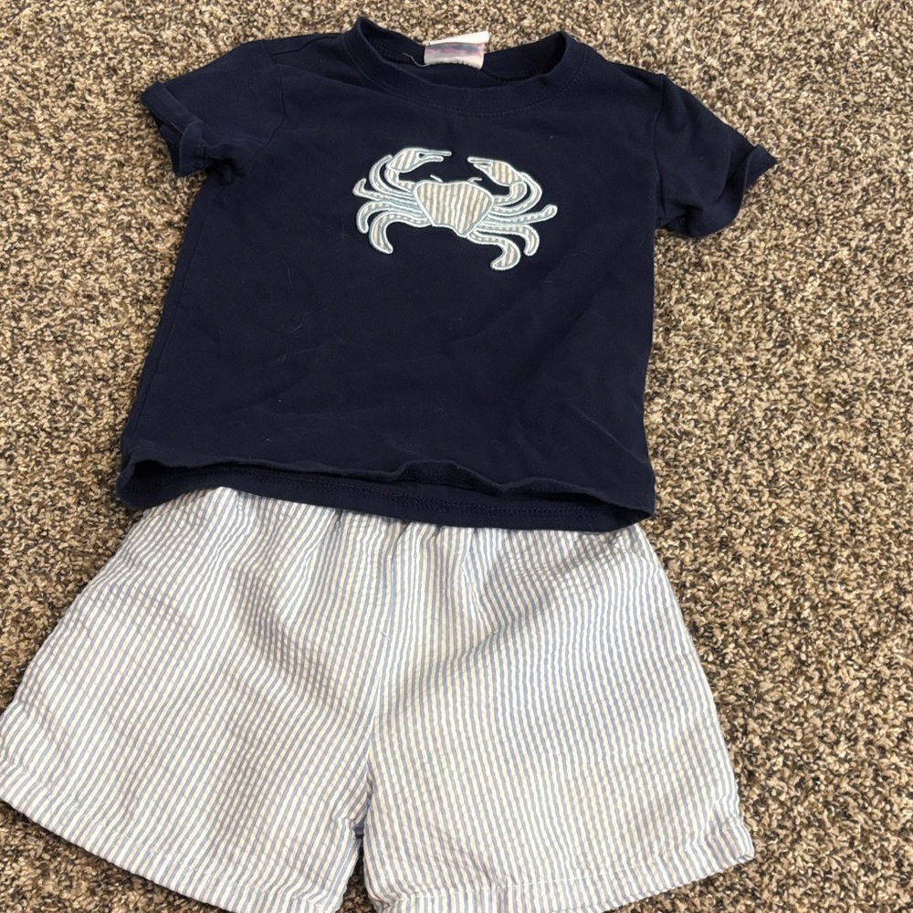 Navy Crab Appliqué Kids Matching Set - Navy Top & Striped Shorts